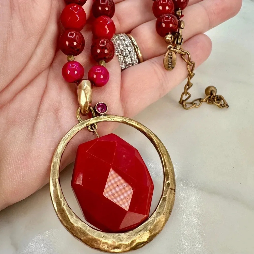 Chico’s Statement Pendant Necklace Signed Red Pink and Burgundy Gold-ton… - Picture 5 of 11